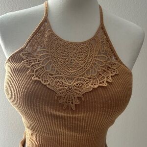 SO Pretty Little Layers Women's Mustard Cami Crochet Crop Top - size M